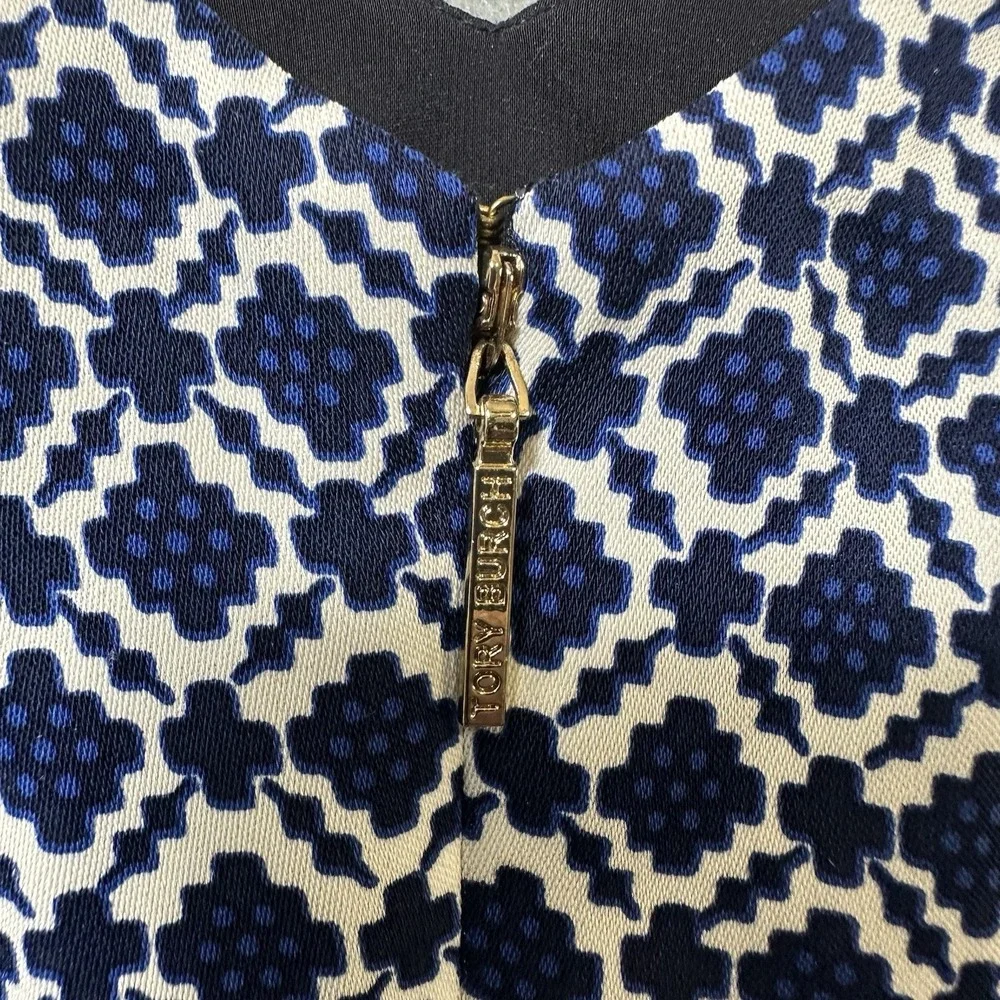 Tory Burch V Neck Shift Dress Women's Size  14 Blue Geometric Stretch Read